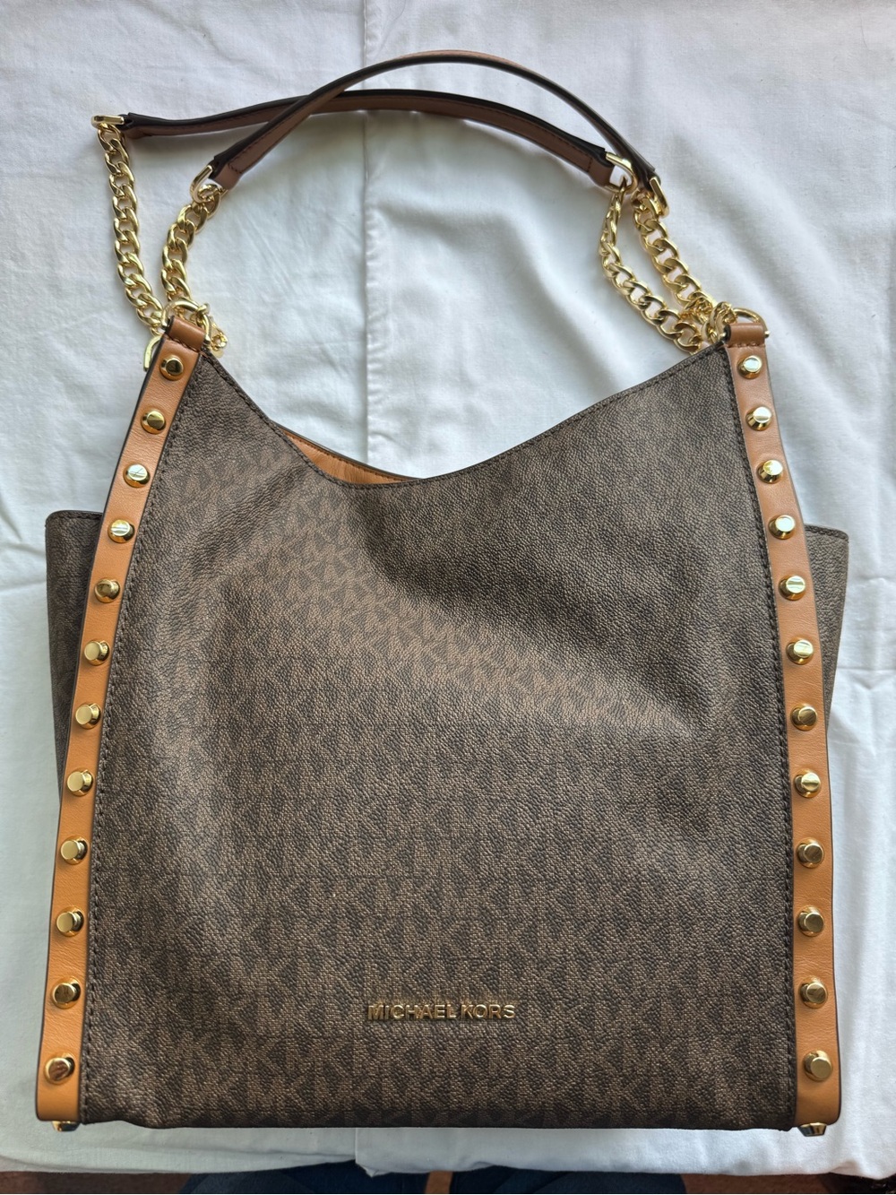 MICHAEL KORS Brown Logo Hobo with Tan Trim and Gold Chain